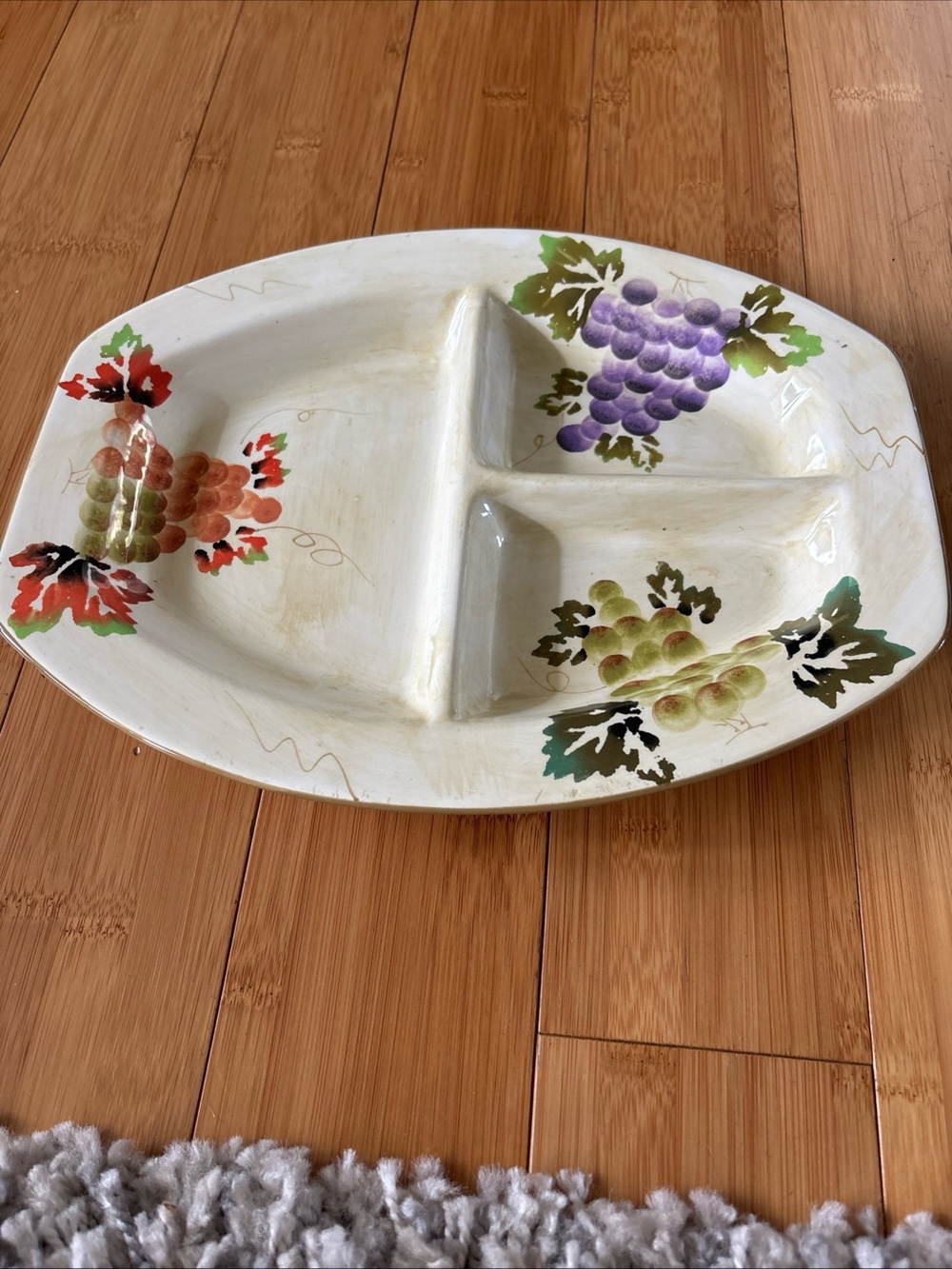 Hand-Painted 12 Inch White Ceramic Divided Serving Platter with Grape Motif